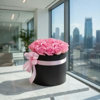 Рожеві троянди в коробці 23 шт Бібесхайм