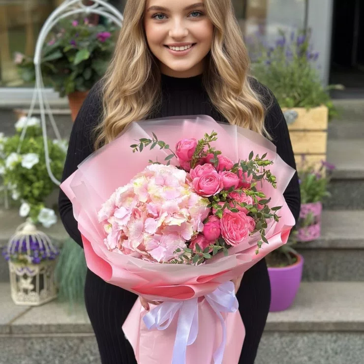 Magical Moments Bouquet with Pink Hydrangea and Roses – flower delivery in Vaduts