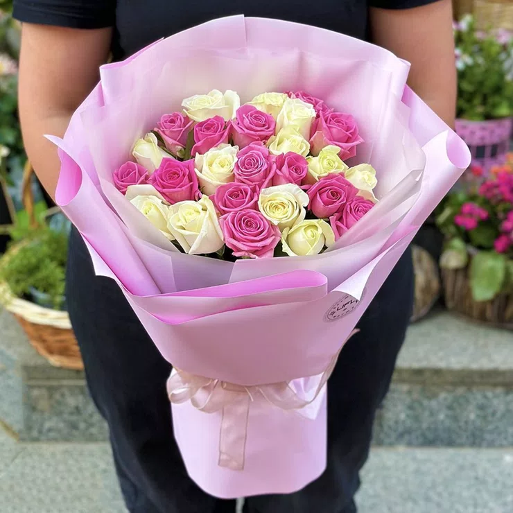 25 white and pink roses – flower delivery in Kirrawee