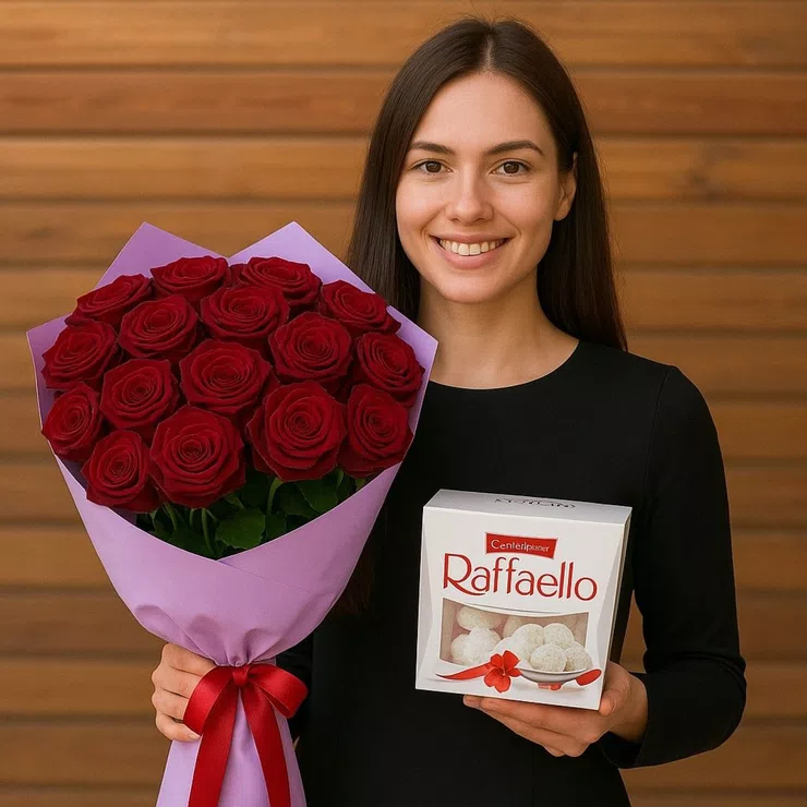 15 red roses + rafaello – flower delivery in Abakliya