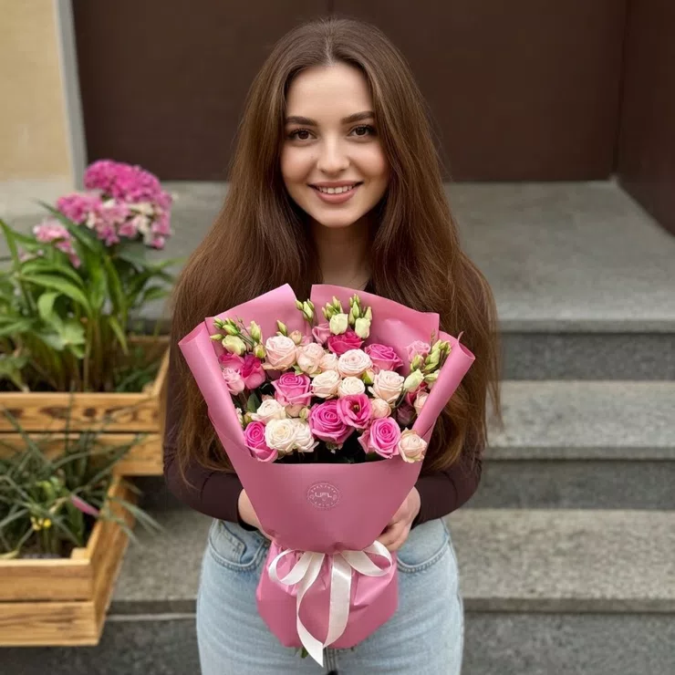 Pink mix of roses and eustoma – flower delivery in Albina