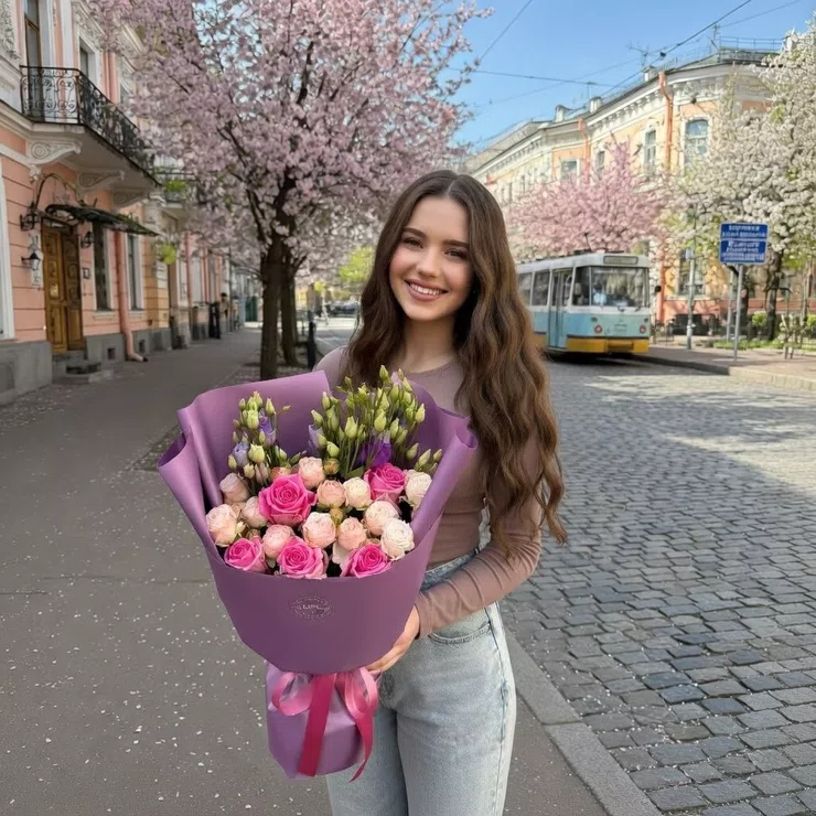 Tender mix of roses and eustoma – flower delivery in Sovetskij