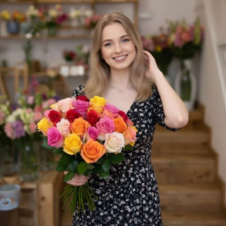 15 multicolored roses – flower delivery in Kozyn