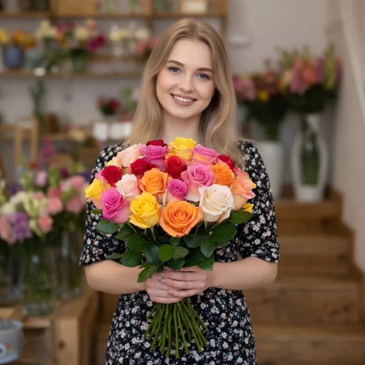 15 multicolored roses – flower delivery in Vasteras