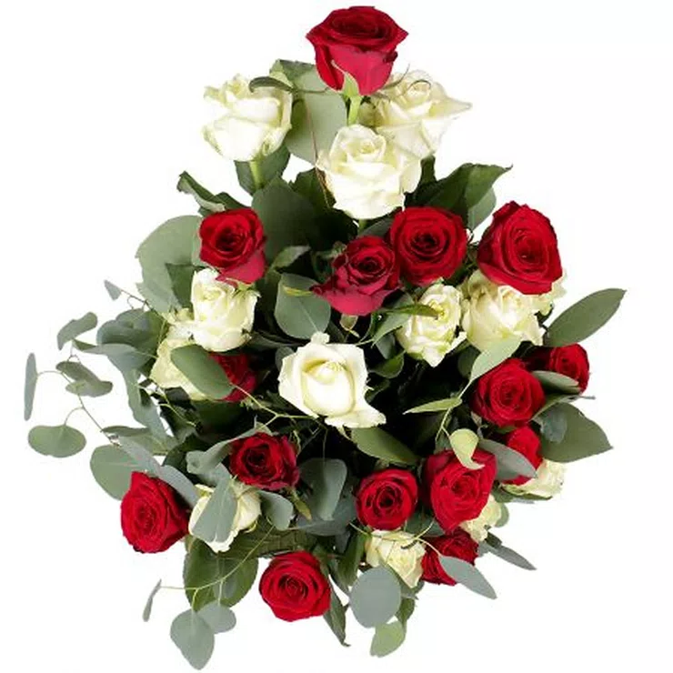 Bouquet 25 roses Red and white cloud – flower delivery in Silkeborg