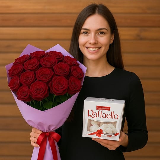 15 красных роз + рафаелло – доставка цветов в Казанка