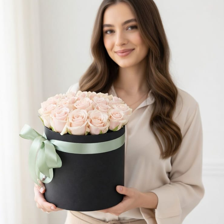 Cream roses in a box – flower delivery in Tashkent