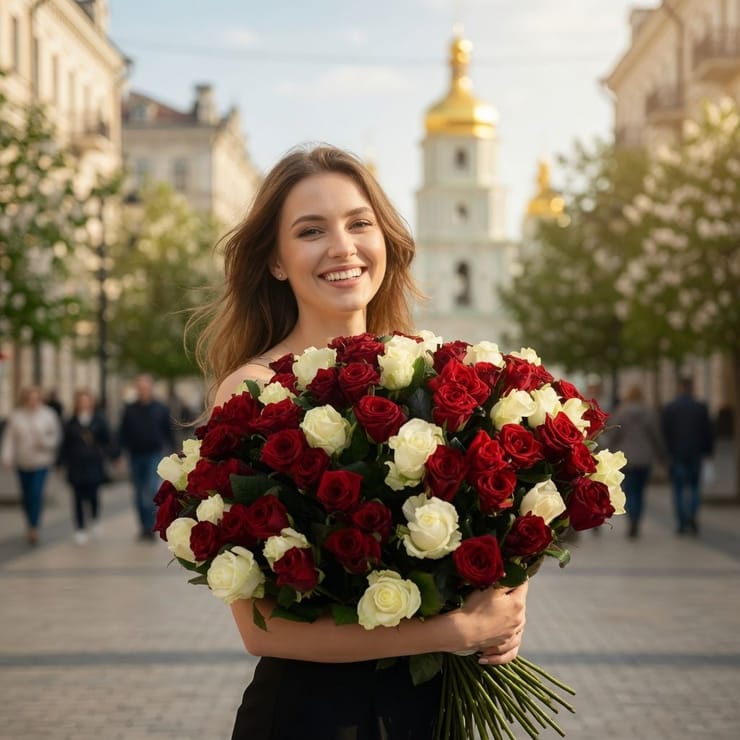 101 червоно-біла троянда – доставка цветов в Дніпро