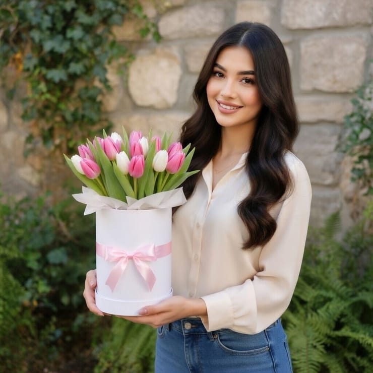 Pink and white tulips in a box 35 pcs – flower delivery in Dolinskaja