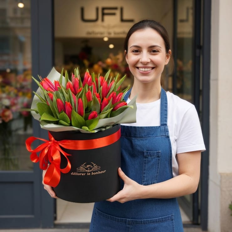 Коробка з тюльпанами 31 шт – доставка квітів у Вірт