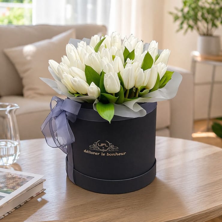 Білі тюльпани в коробці 45шт – доставка квітів у Міллтаун