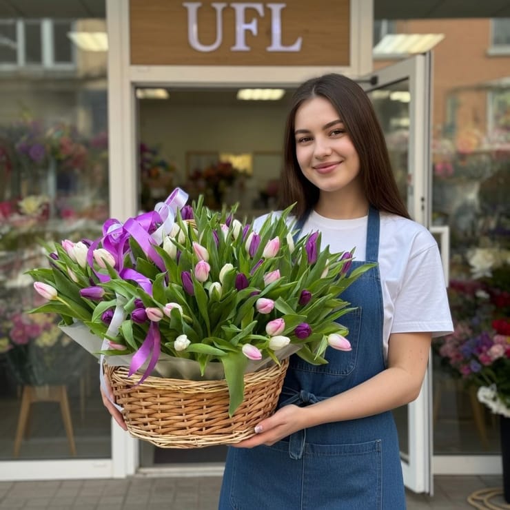 101 тюльпан мікс в кошику – доставка квітів у Авіс
