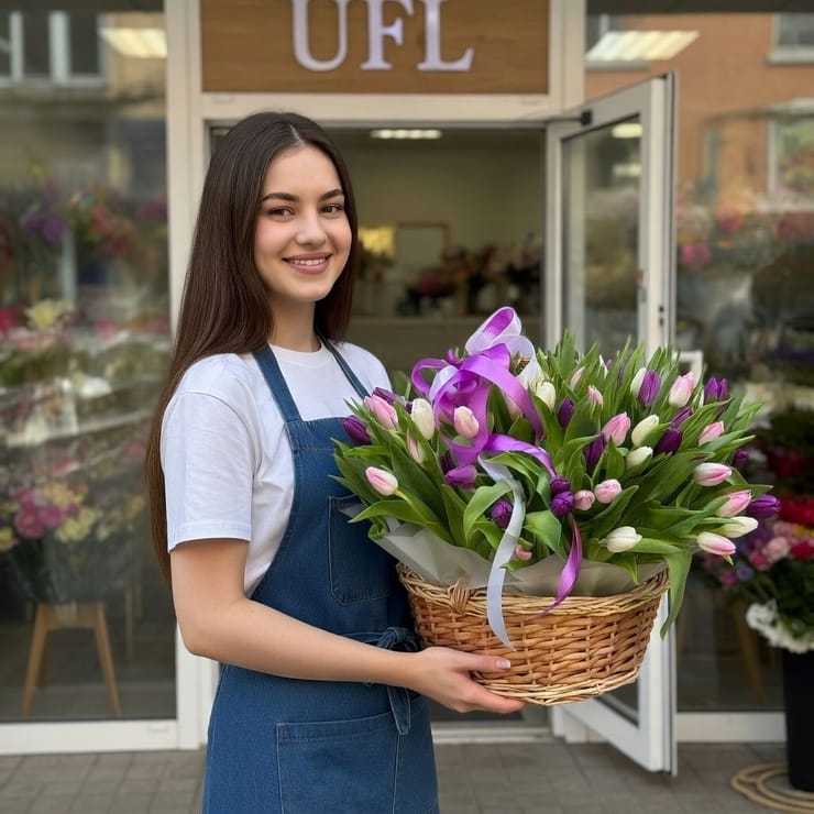 101 tulips mixed in basket – flower delivery in Bangcok