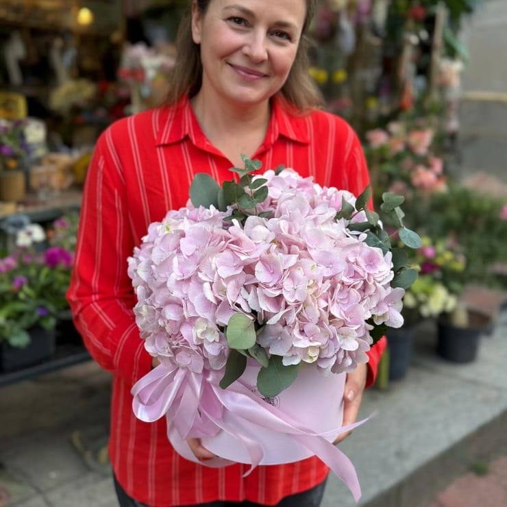 Рожеві гортензії в коробці – доставка квітів у Светловодськ