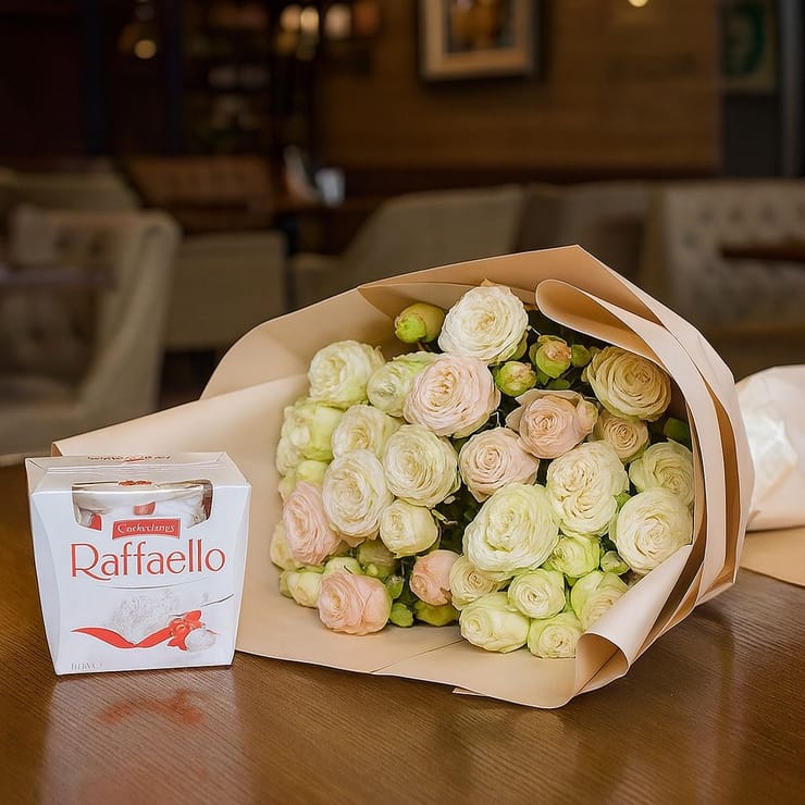 Букет кущових троянд + Raffaello – доставка квітів у Ювілейне (Дніпропетровська обл., Україна)