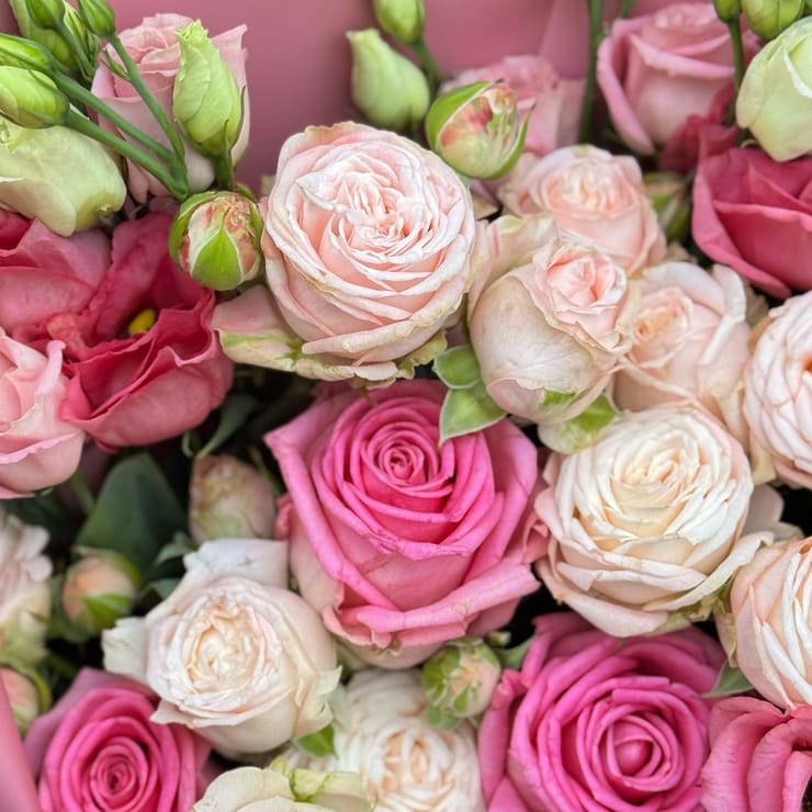 Рожевий мікс з троянд і еустом – доставка квітів у Сквира