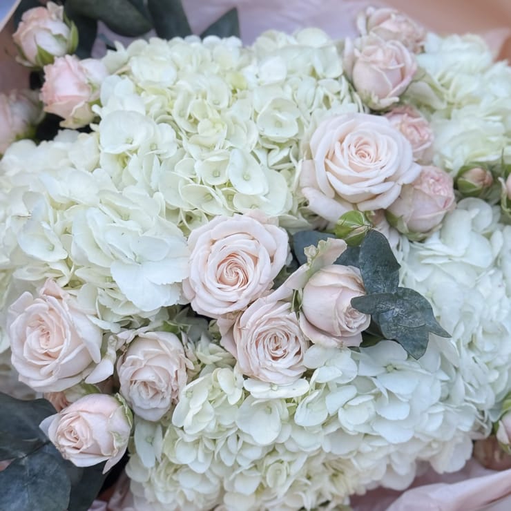 Ніжний букет гортензій і троянд – доставка квітів у Аваруа