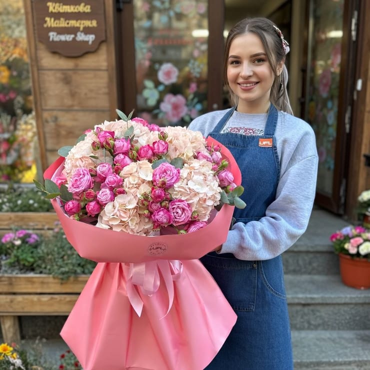 Powder bouquet of hydrangea and roses – flower delivery in Dubai