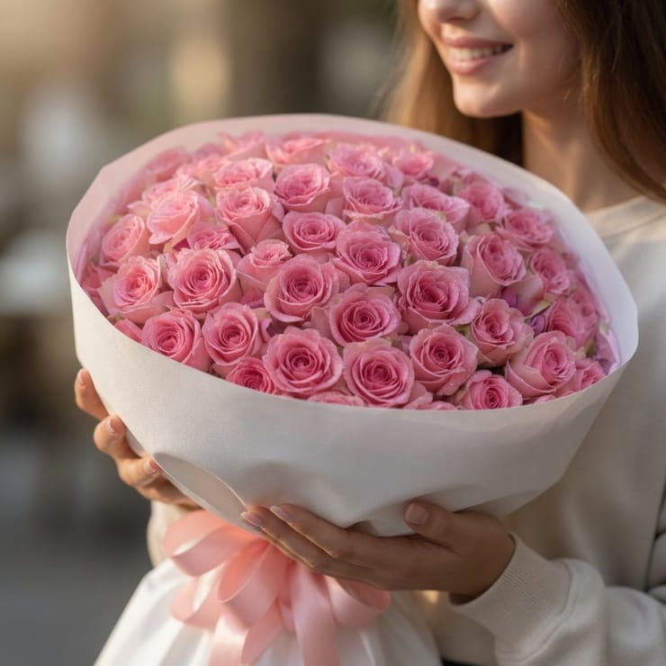 51 рожева троянда Кенія  – доставка цветов в Мішкольц