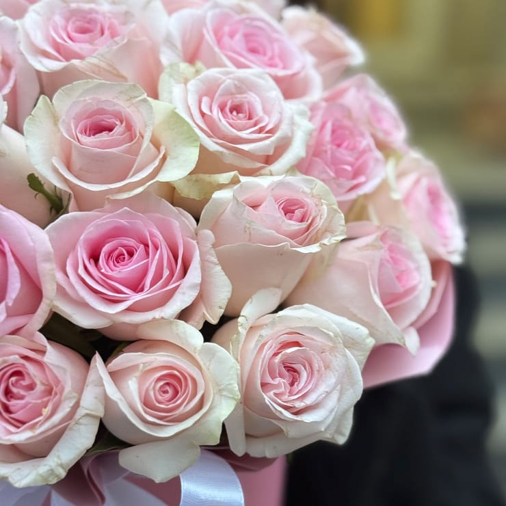 Розовые розы в коробке – доставка цветов в Желтое