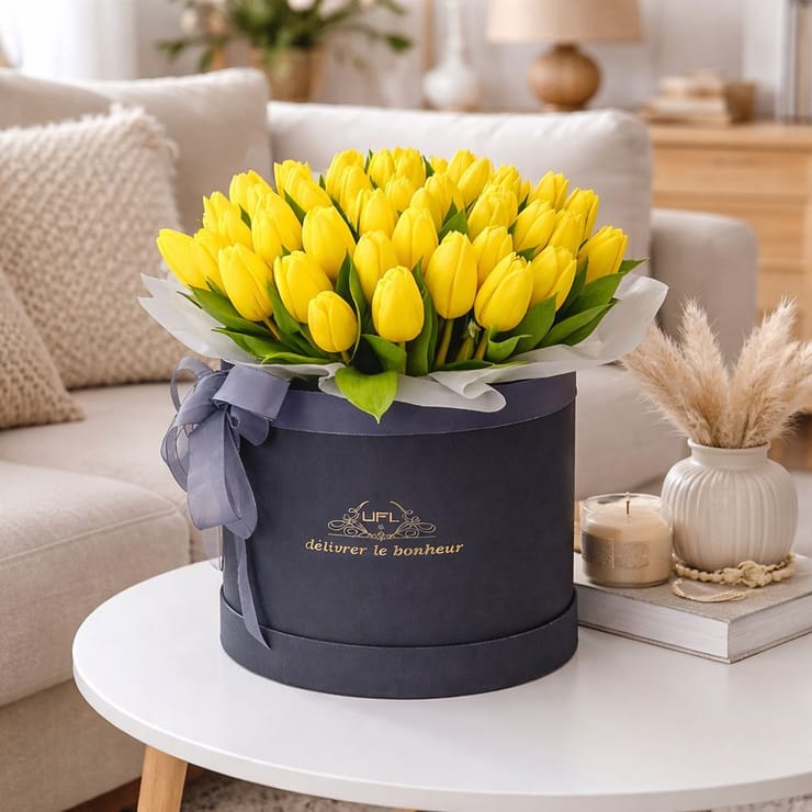 Yellow tulips in a box 45pcs – flower delivery in St. Albert