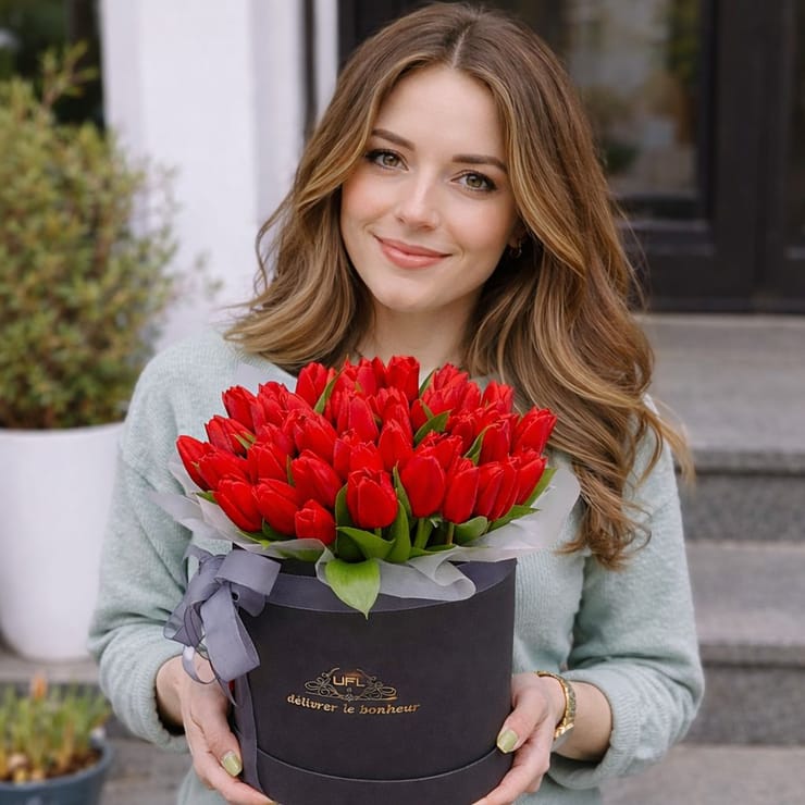 Червоні тюльпани в коробці 45шт – доставка квітів у Ковель