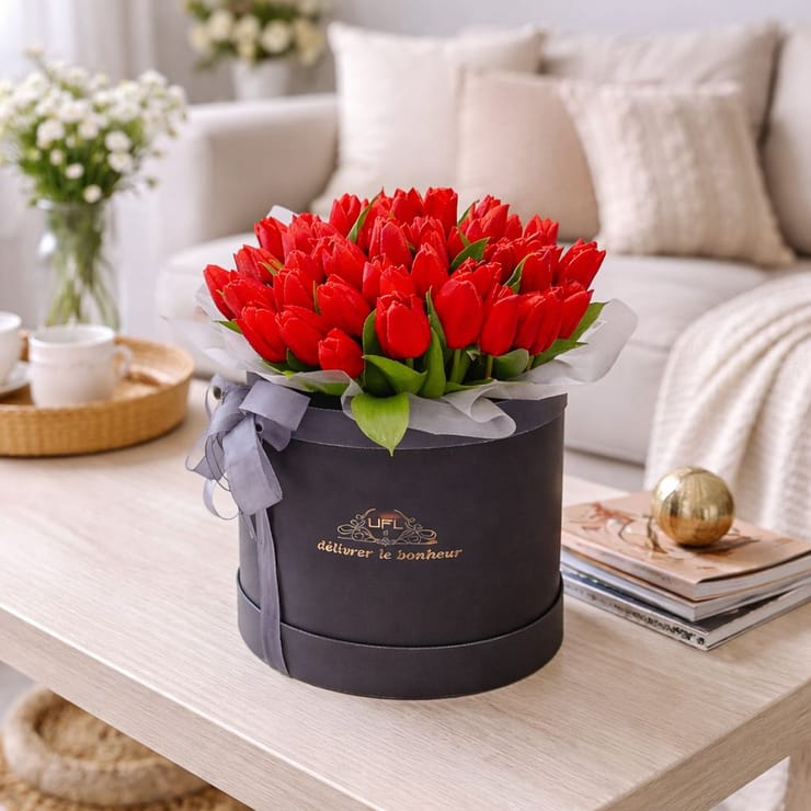 Red tulips in a box 45pcs – flower delivery in Balneario-Camboriu
