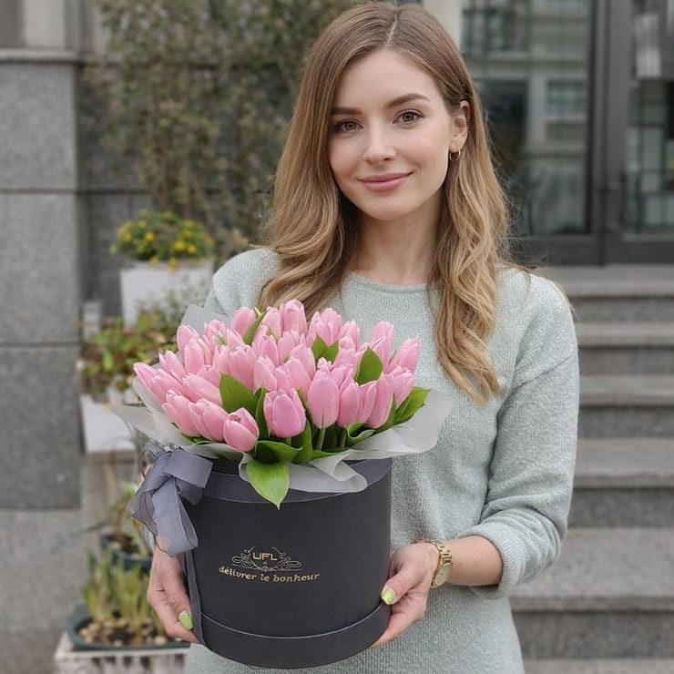 Рожеві тюльпани в коробці 45шт – доставка квітів у Херес-де-ла-Фронтера