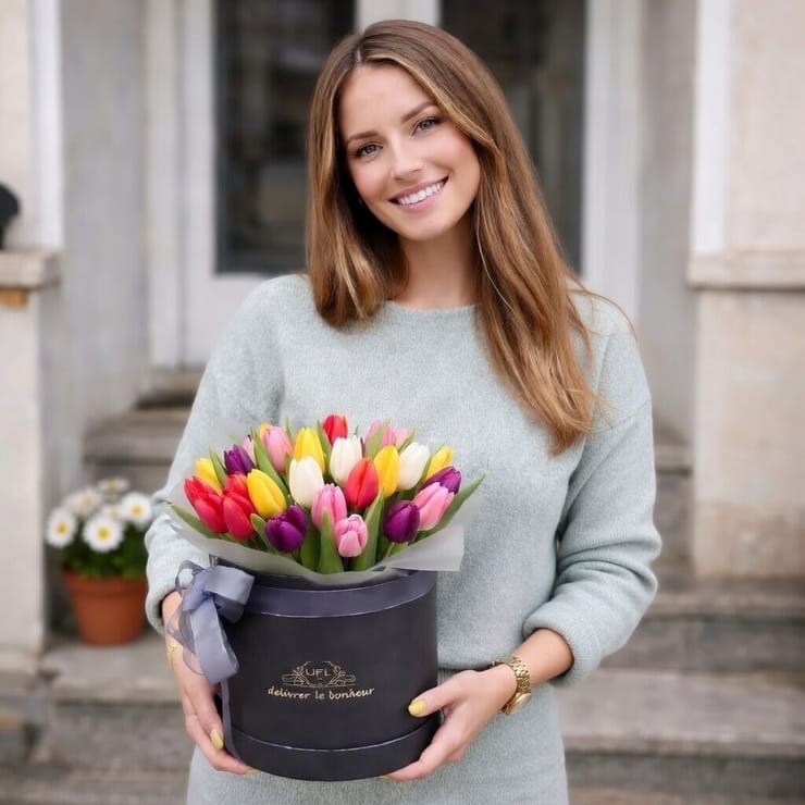 Mixed tulips in a box 45pcs – flower delivery in Kiel