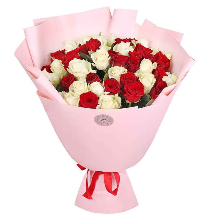 51 red and white roses – flower delivery in Kirovsk (Ukraine)