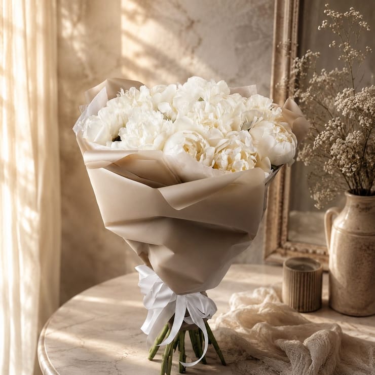 White peonies 15pcs – flower delivery in Samarkand
