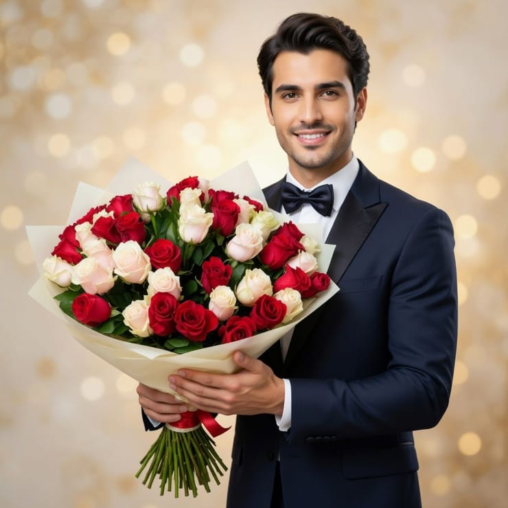 Red and cream roses (51 pcs.) – flower delivery in Krasilov