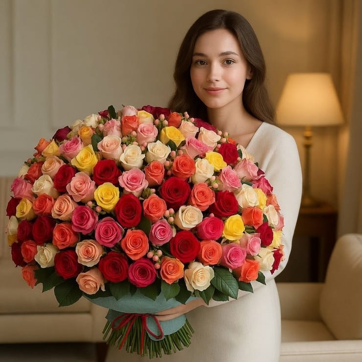 Большой букет разноцветных роз 131шт – доставка цветов в Виноградарь