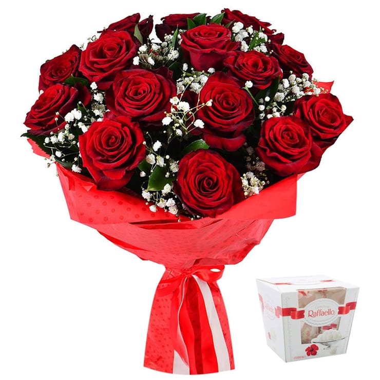 Троянди в снігу Raffaello та 15 троянд – доставка квітів у Синжерея