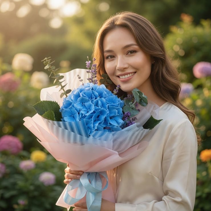 With blue hydrangea 1pcs – доставка цветов в Rovno