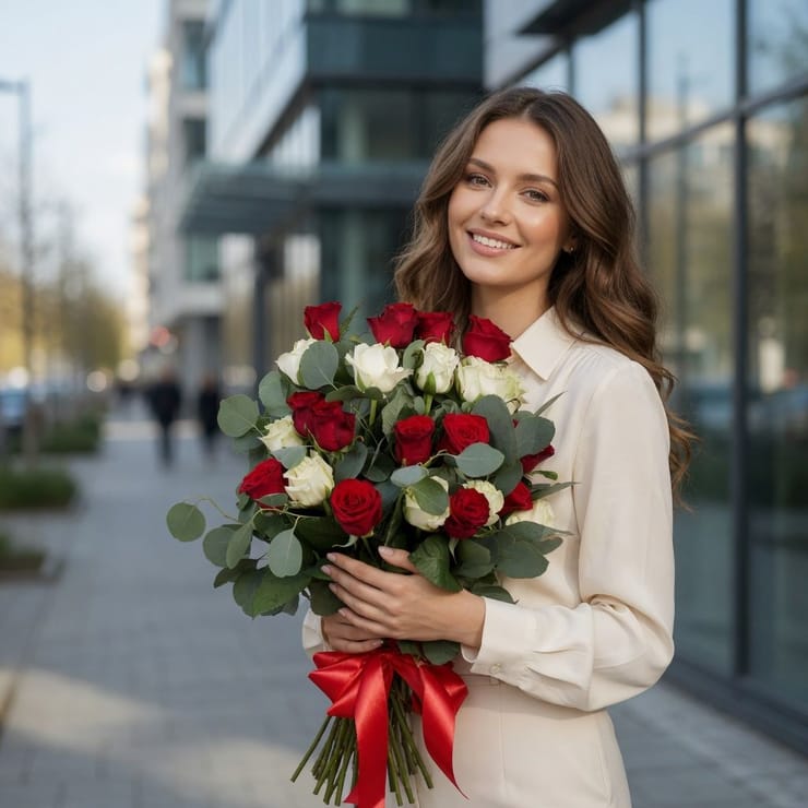Bouquet 25 roses Red and white cloud – доставка цветов в Monaco