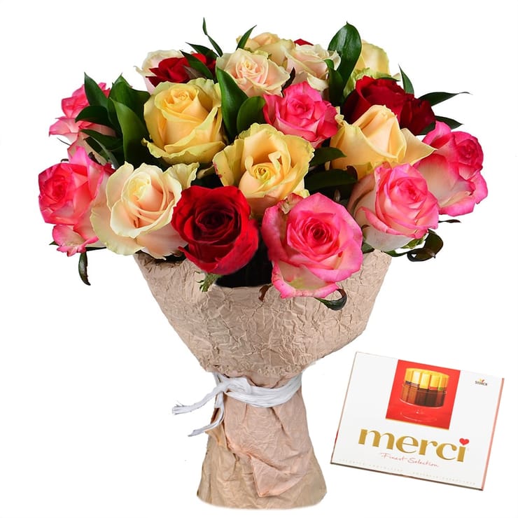 Из разноцветных роз + Конфеты Merci  – flower delivery in Jampol sumy