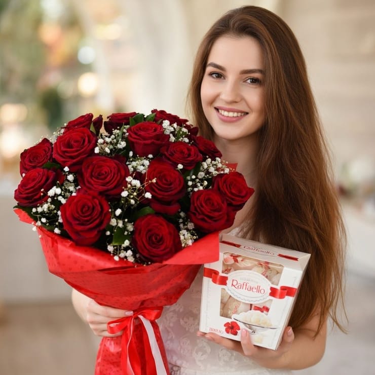 Троянди в снігу Raffaello та 15 троянд – доставка квітів у Плоп-Штюбей