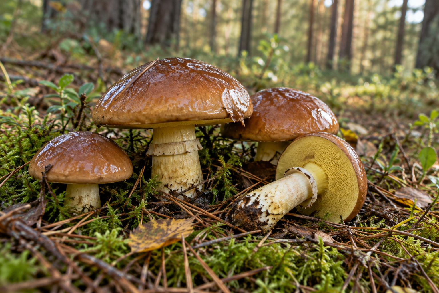 Slippery jack mushrooms in the forest