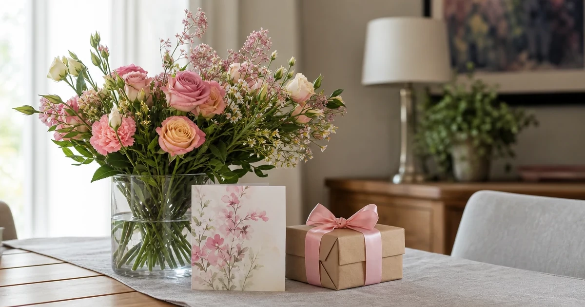 A festive table with a bouquet of flowers, greeting card, and gift box