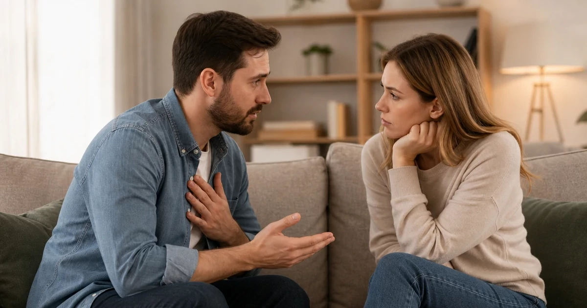 Two people having a sincere conversation in a cozy room, one apologizing, the other listening attentively.