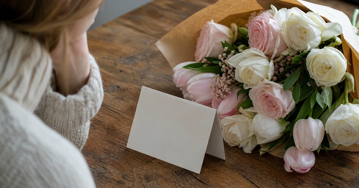 A handwritten apology card next to a bouquet of soft-colored flowers on a table.