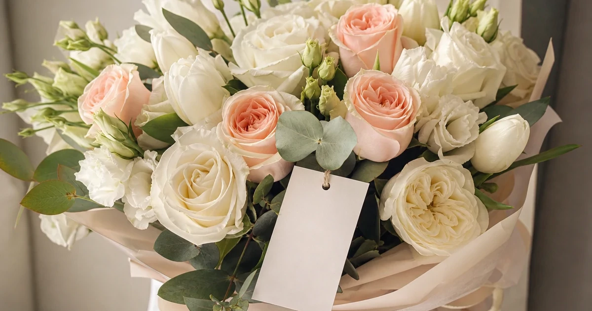 A bouquet of white, cream, and pink roses, tulips, and lisianthus with an apology card.