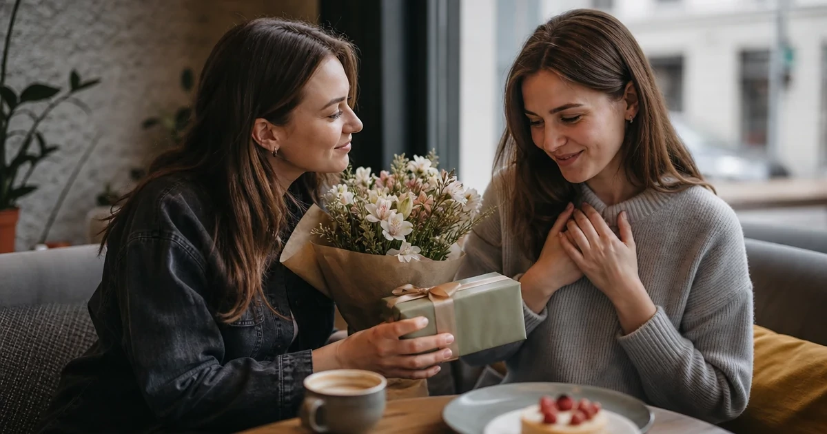 Two friends in a café, one giving flowers and a gift to the other as a peace gesture