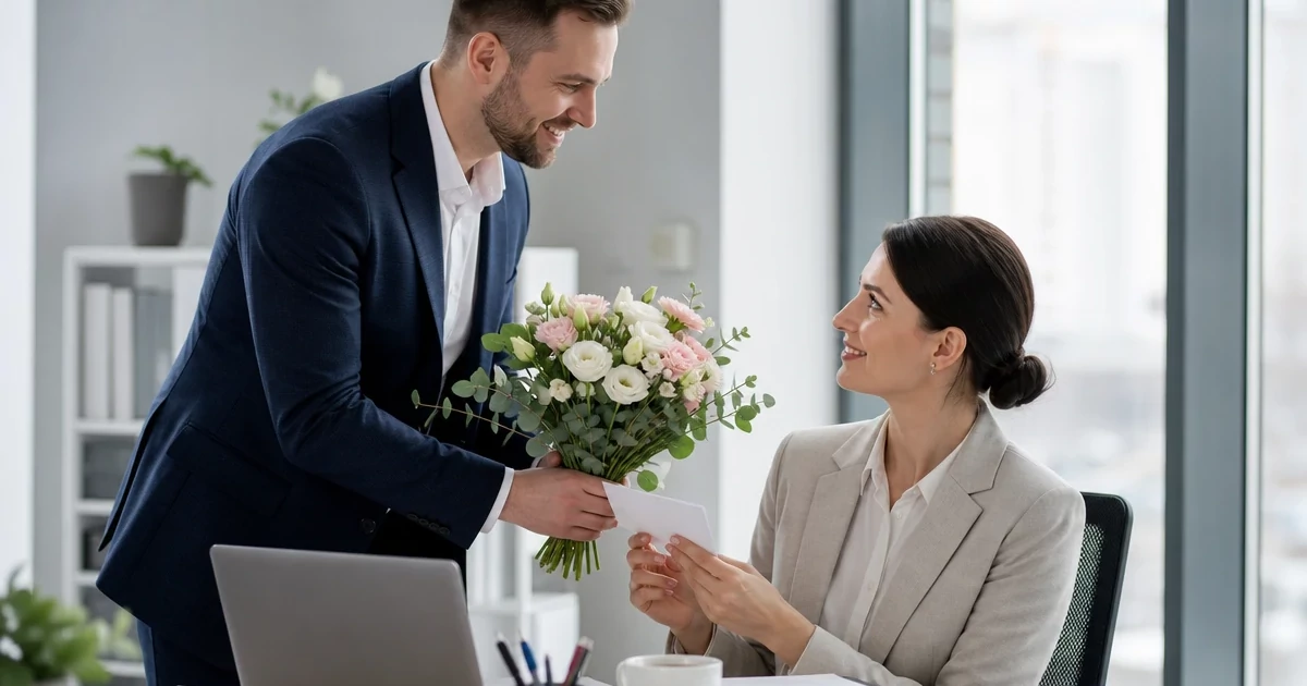 A colleague hands a restrained bouquet with a note to another employee in a modern office.