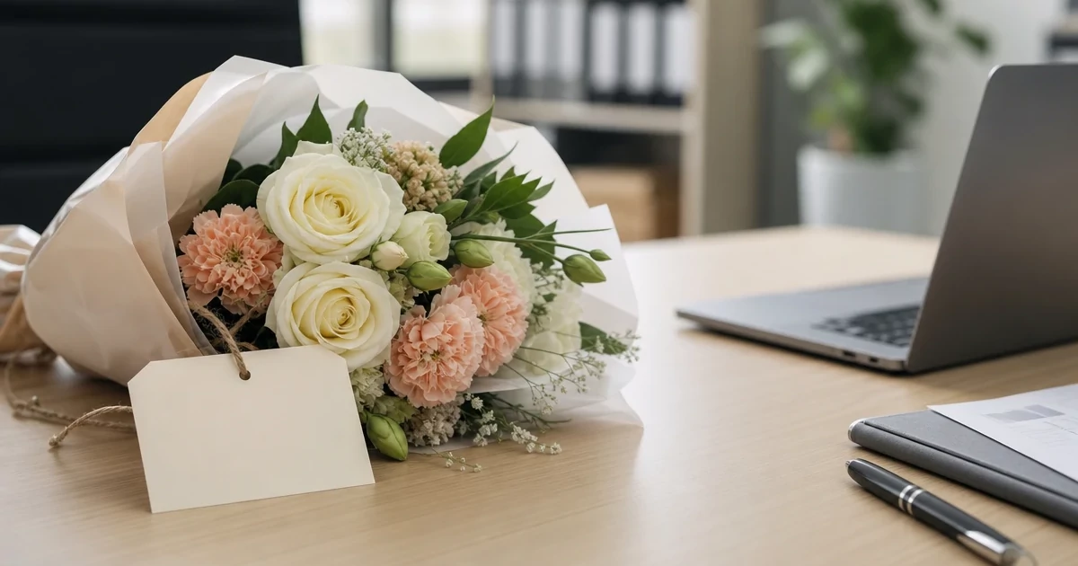 A restrained bouquet of white and pastel flowers with a note on an office desk.