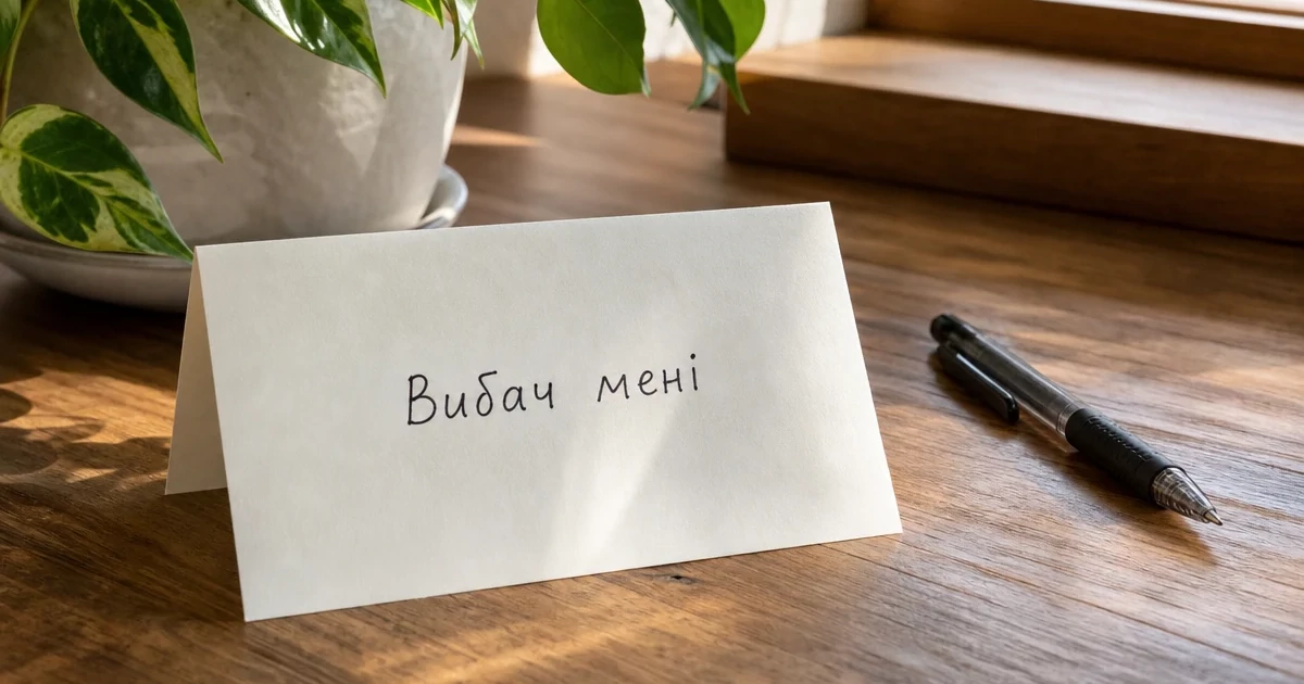 Handwritten card with 'Вибач мені' on a table next to a pen.