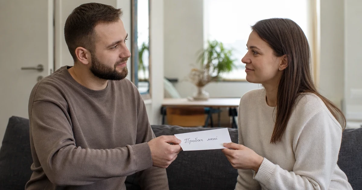 Two people exchange a card reading 'Пробач мені' in a home setting.