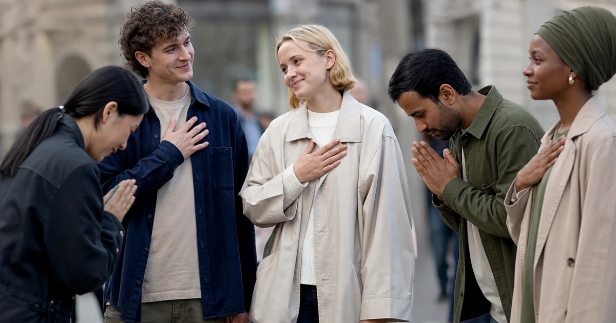 People of different nationalities in a public place apologising to each other with gestures.