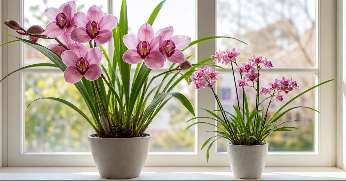 Comparison of standard and miniature cymbidiums in pots on a windowsill, both in bloom